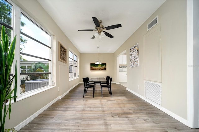 dining room with ceiling fan and light hardwood / wood-style flooring