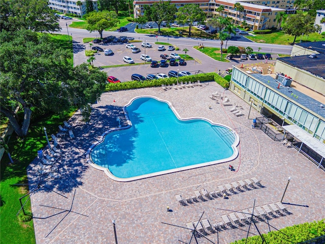 view of swimming pool featuring a patio area