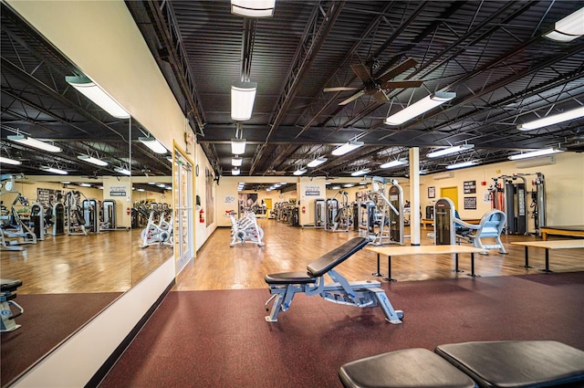 workout area featuring wood-type flooring and ceiling fan