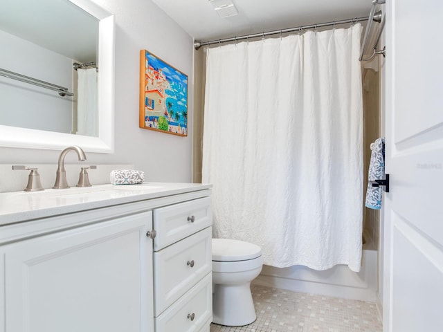 full bathroom featuring vanity, shower / bath combination with curtain, toilet, and tile patterned flooring