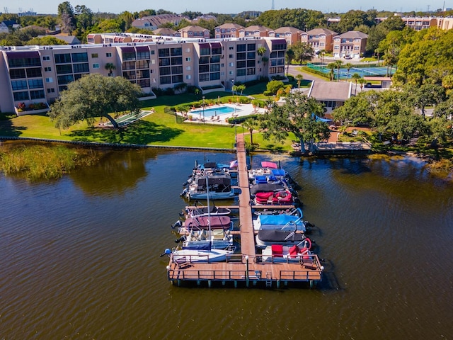 aerial view featuring a water view