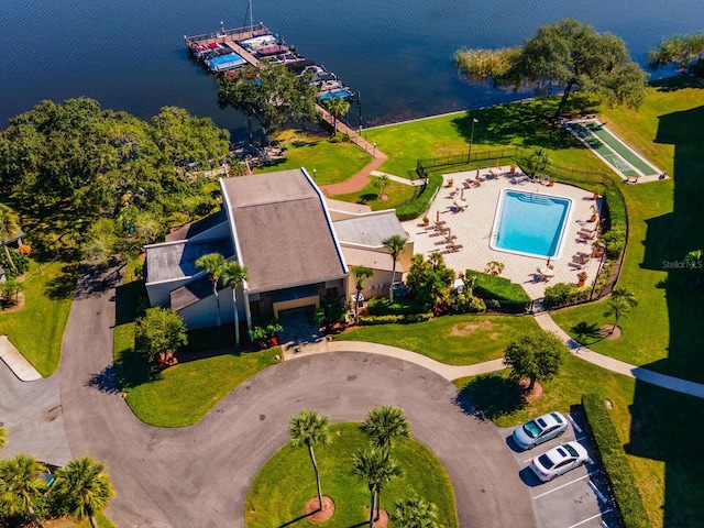 aerial view featuring a water view