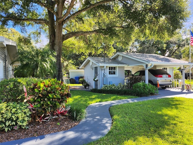 single story home featuring a front lawn and a carport