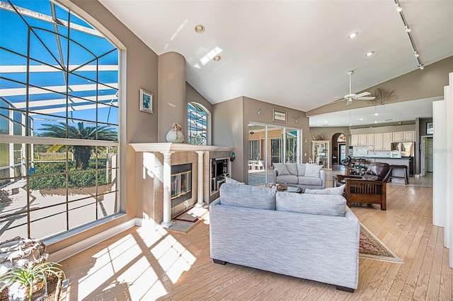 living room featuring a healthy amount of sunlight, ceiling fan, light hardwood / wood-style floors, and track lighting