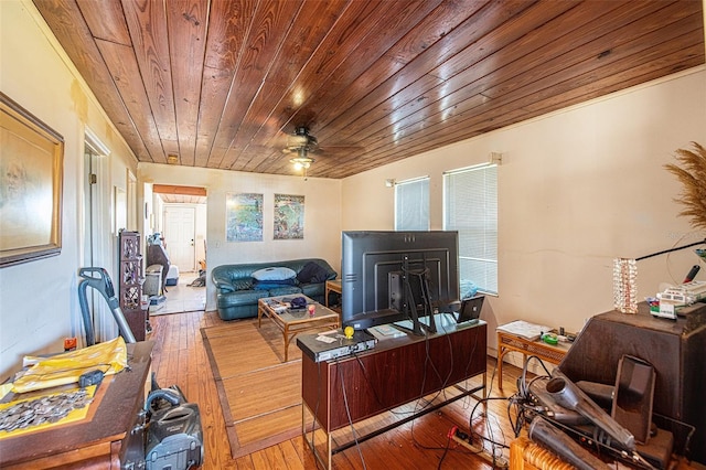 office space featuring hardwood / wood-style flooring, ceiling fan, and wooden ceiling