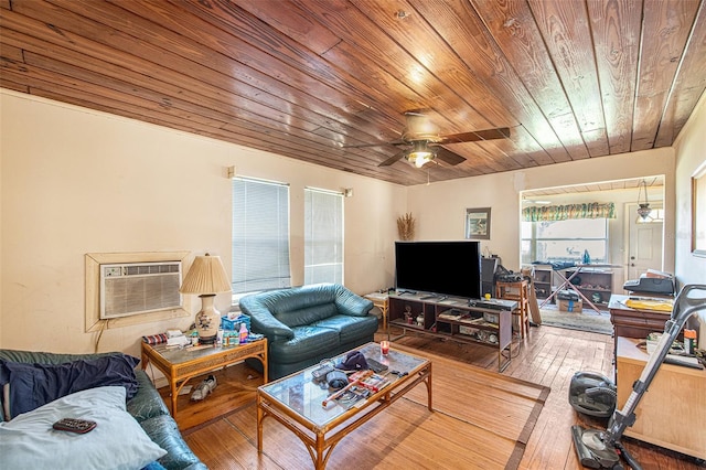 living room featuring an AC wall unit, ceiling fan, wooden ceiling, and wood-type flooring