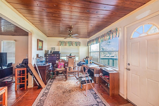 entrance foyer with wood ceiling, ceiling fan, dark hardwood / wood-style flooring, and crown molding