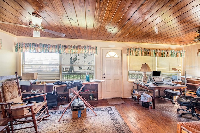 home office with ceiling fan, wood-type flooring, and wooden ceiling