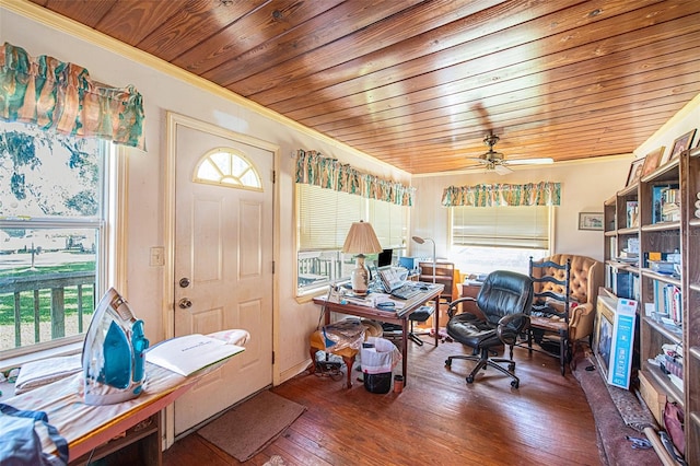 home office with crown molding, ceiling fan, dark wood-type flooring, and wood ceiling