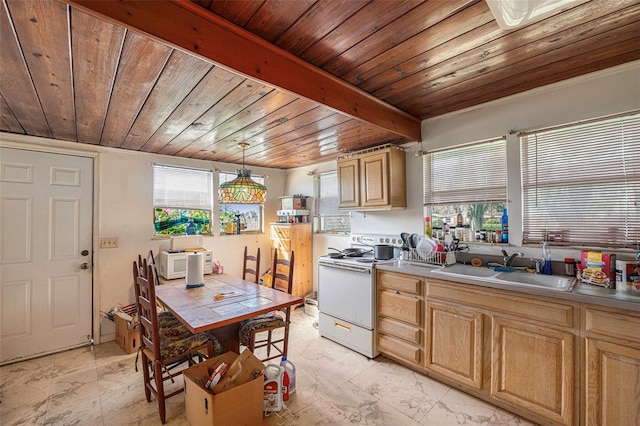 kitchen with light brown cabinetry, wood ceiling, white appliances, pendant lighting, and beam ceiling