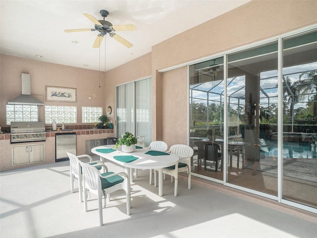 interior space featuring ceiling fan