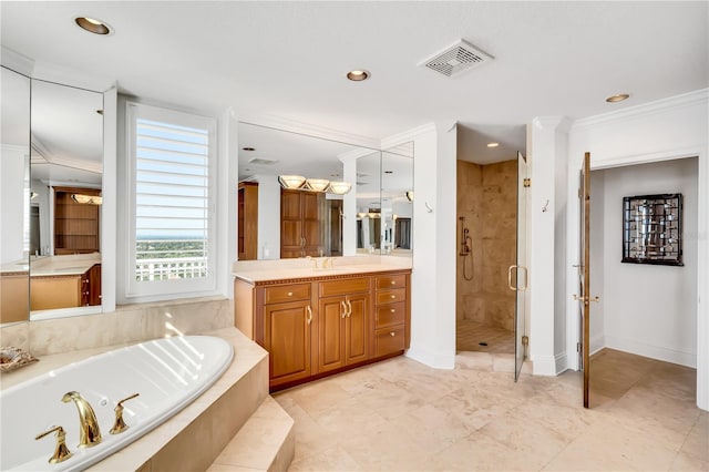 bathroom with vanity, shower with separate bathtub, and ornamental molding