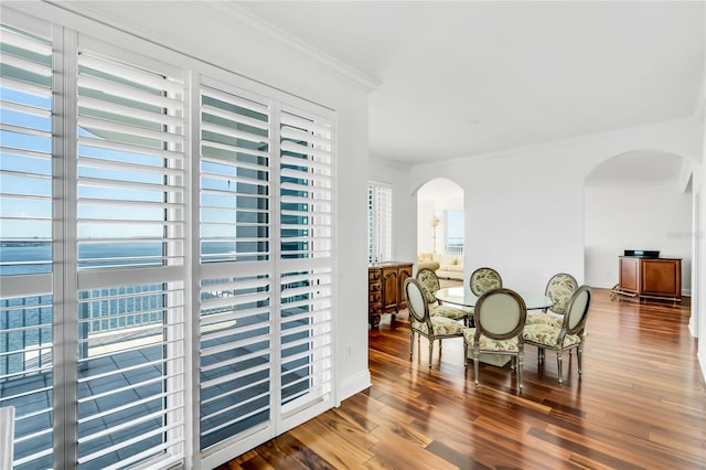 dining room featuring a wealth of natural light, wood-type flooring, a water view, and crown molding