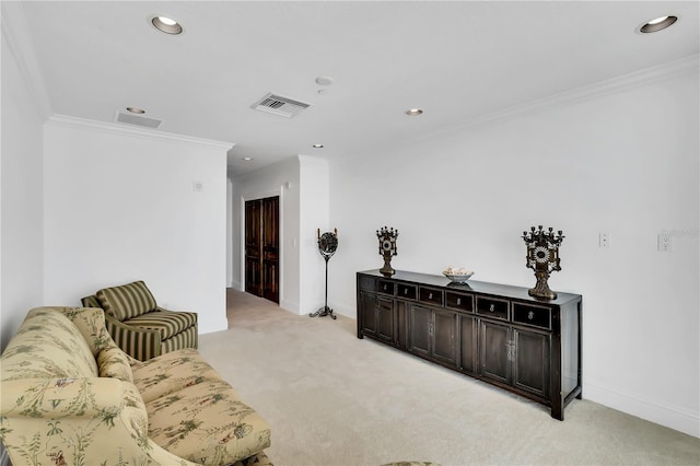 living room featuring light colored carpet and crown molding