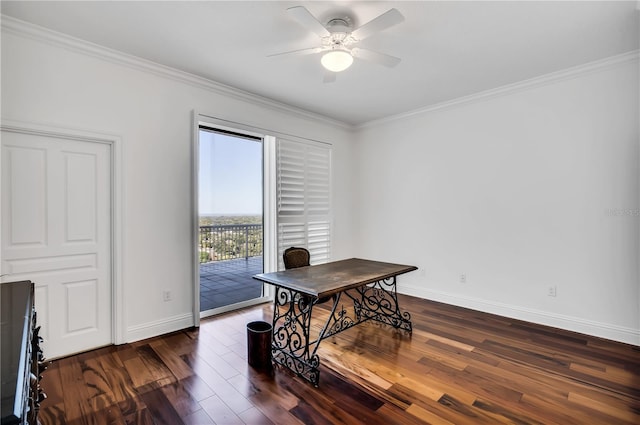 office area featuring ornamental molding, ceiling fan, and dark hardwood / wood-style floors