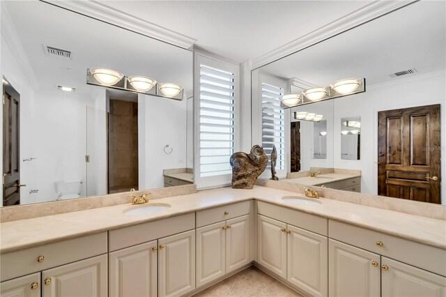 bathroom with toilet, vanity, and crown molding