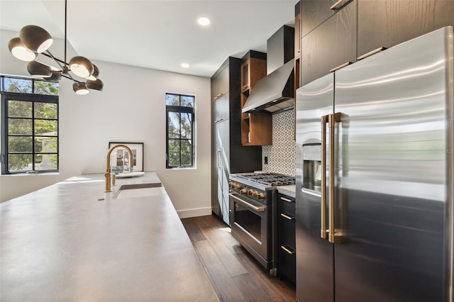 kitchen featuring dark hardwood / wood-style floors, wall chimney exhaust hood, high end appliances, sink, and tasteful backsplash