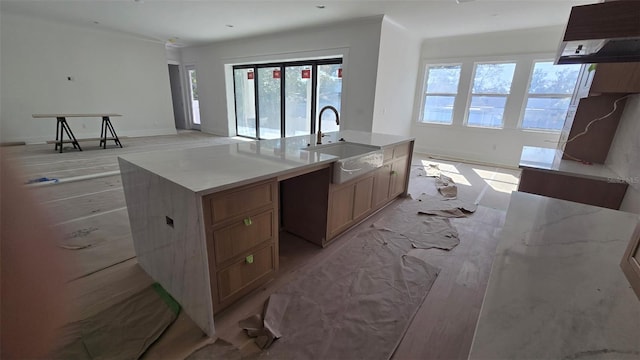 kitchen featuring baseboards, an island with sink, extractor fan, light wood-type flooring, and a sink