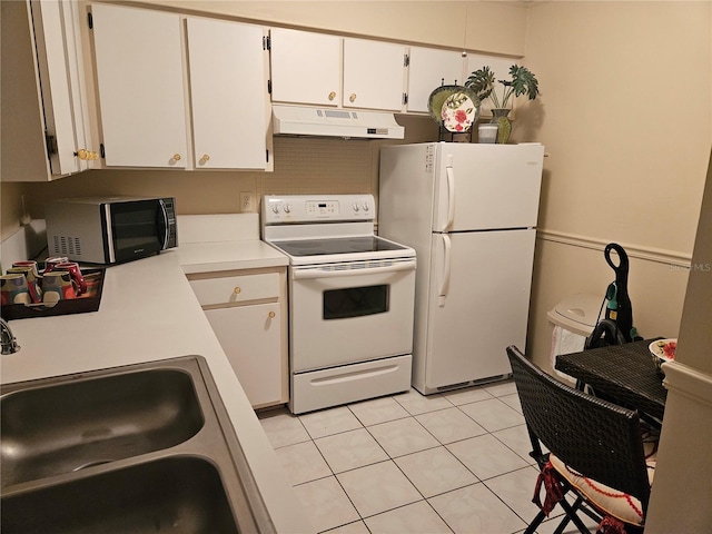 kitchen featuring white cabinetry, white appliances, sink, premium range hood, and light tile floors