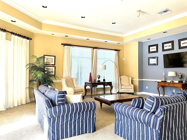 carpeted living room featuring crown molding and a raised ceiling