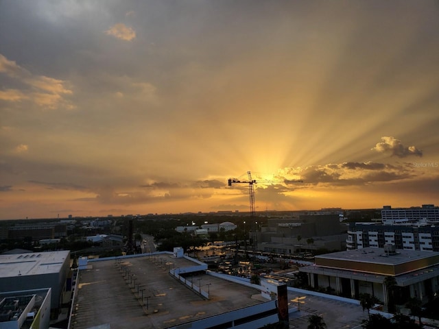 view of aerial view at dusk