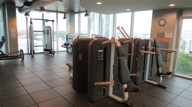 workout area featuring expansive windows and a healthy amount of sunlight