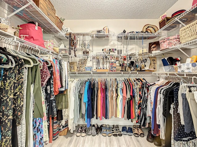 walk in closet with light hardwood / wood-style flooring