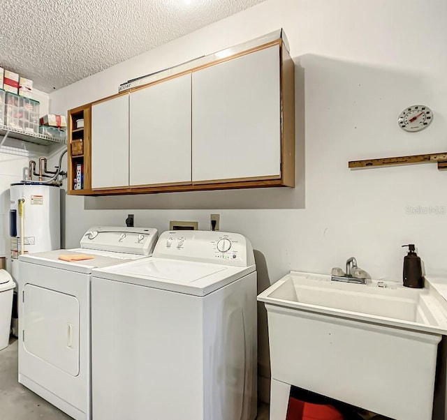 clothes washing area featuring hookup for an electric dryer, a textured ceiling, washing machine and clothes dryer, hookup for a washing machine, and sink