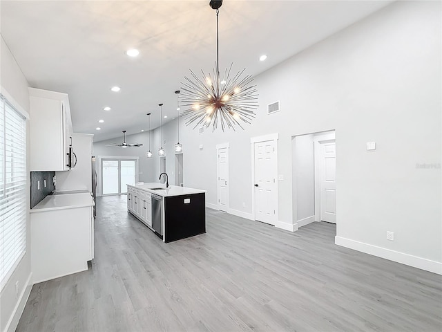 kitchen featuring pendant lighting, sink, a kitchen island with sink, stainless steel appliances, and white cabinets