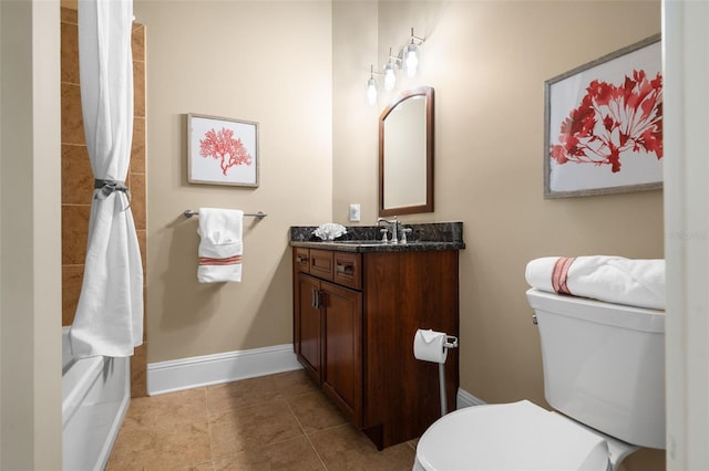 full bathroom featuring tile patterned flooring, shower / bath combination with curtain, vanity, and toilet