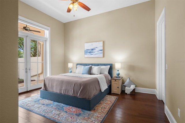 bedroom featuring access to exterior, french doors, dark hardwood / wood-style flooring, and ceiling fan