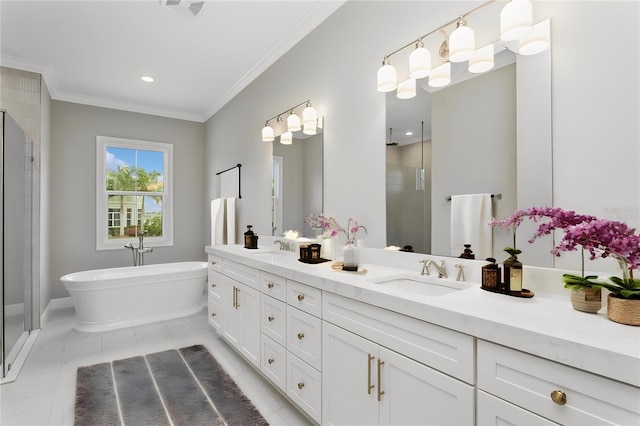 bathroom featuring tile patterned flooring, shower with separate bathtub, vanity, and crown molding