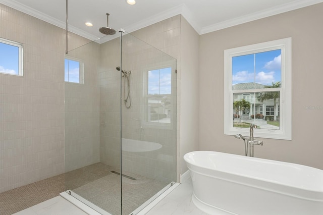 bathroom featuring shower with separate bathtub, a wealth of natural light, and ornamental molding