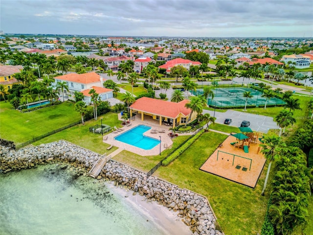 drone / aerial view with a water view