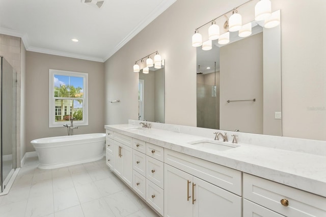 bathroom featuring plus walk in shower, vanity, and ornamental molding