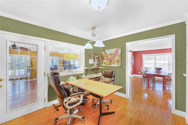 office with plenty of natural light, light wood-type flooring, and french doors