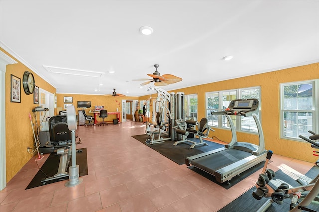 gym with light tile flooring and ceiling fan