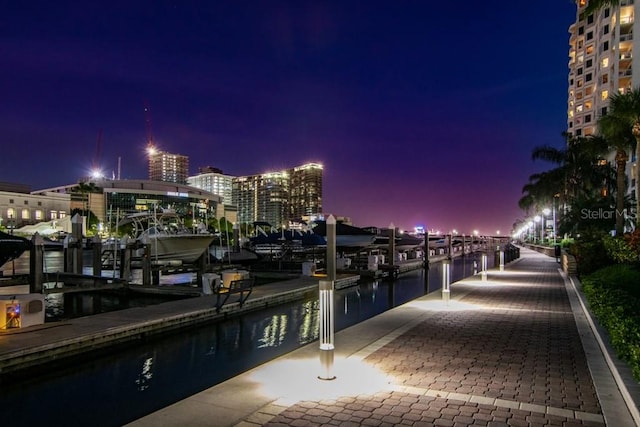 water view featuring a dock