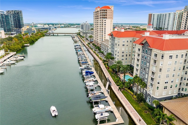 aerial view featuring a water view