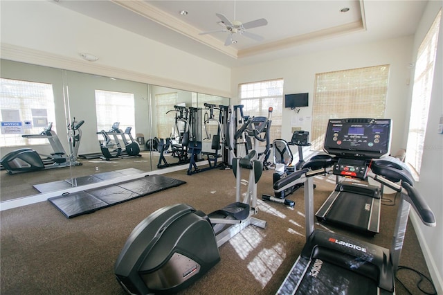 workout area featuring a raised ceiling and ceiling fan