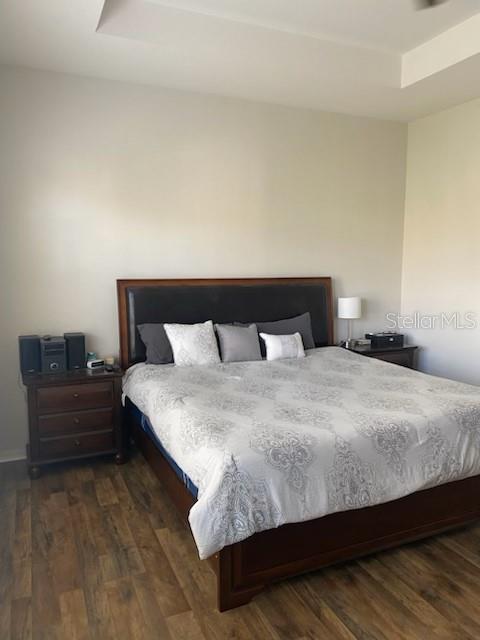 bedroom featuring a raised ceiling and dark wood-style flooring