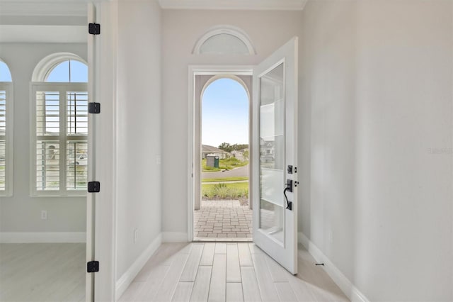 foyer featuring a wealth of natural light and light hardwood / wood-style floors