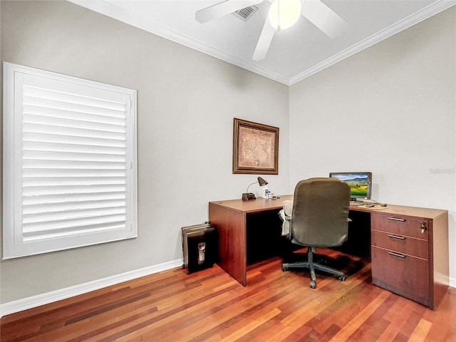 office area featuring ceiling fan, light hardwood / wood-style floors, and crown molding