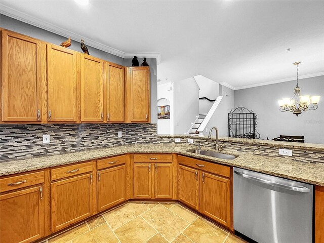 kitchen with sink, an inviting chandelier, light stone counters, stainless steel dishwasher, and decorative backsplash