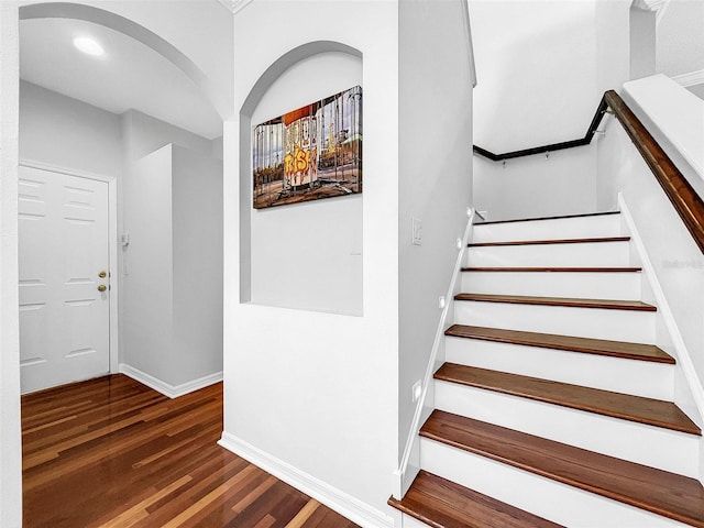 stairway with hardwood / wood-style flooring