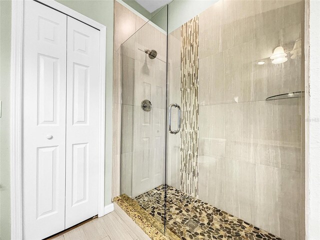 bathroom featuring a shower with shower door