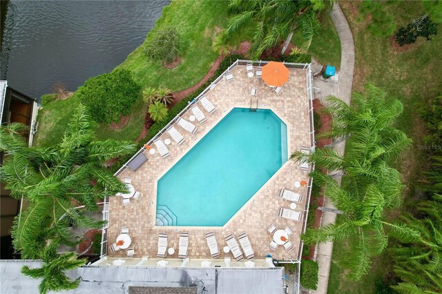 birds eye view of property featuring a water view