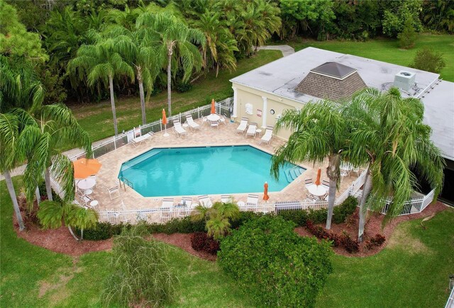 view of swimming pool with a patio area and a yard