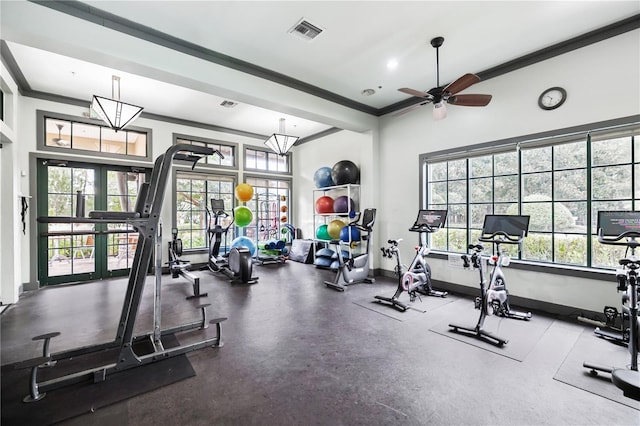 workout area with ceiling fan and crown molding