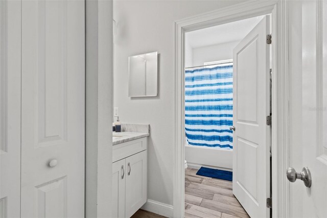 bathroom featuring walk in shower, hardwood / wood-style flooring, and vanity